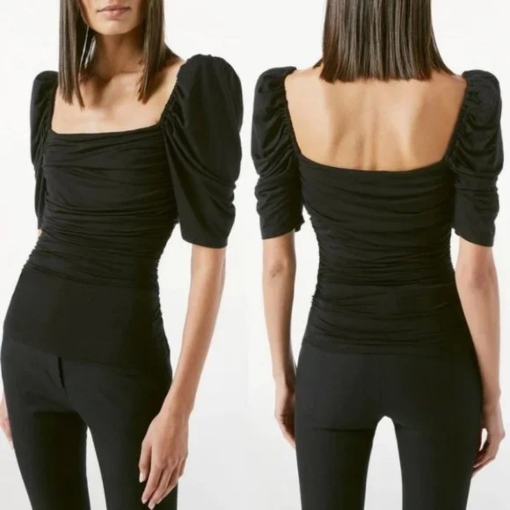 NEW Frame Betty Square Neck Ruched Top Black Size XS Shopbop Short Sleeve Blouse